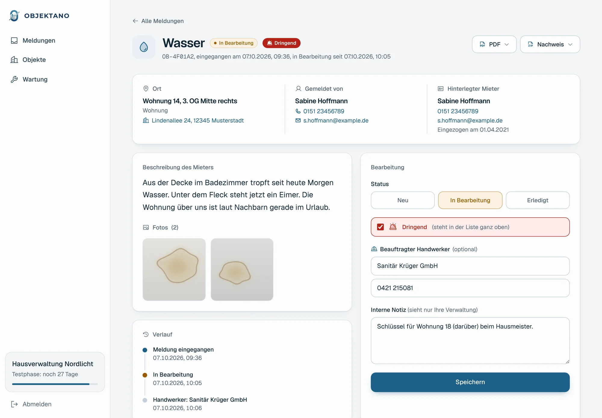 Die Meldung im Dashboard mit Ort, Fotos, Verlauf und Bearbeitung