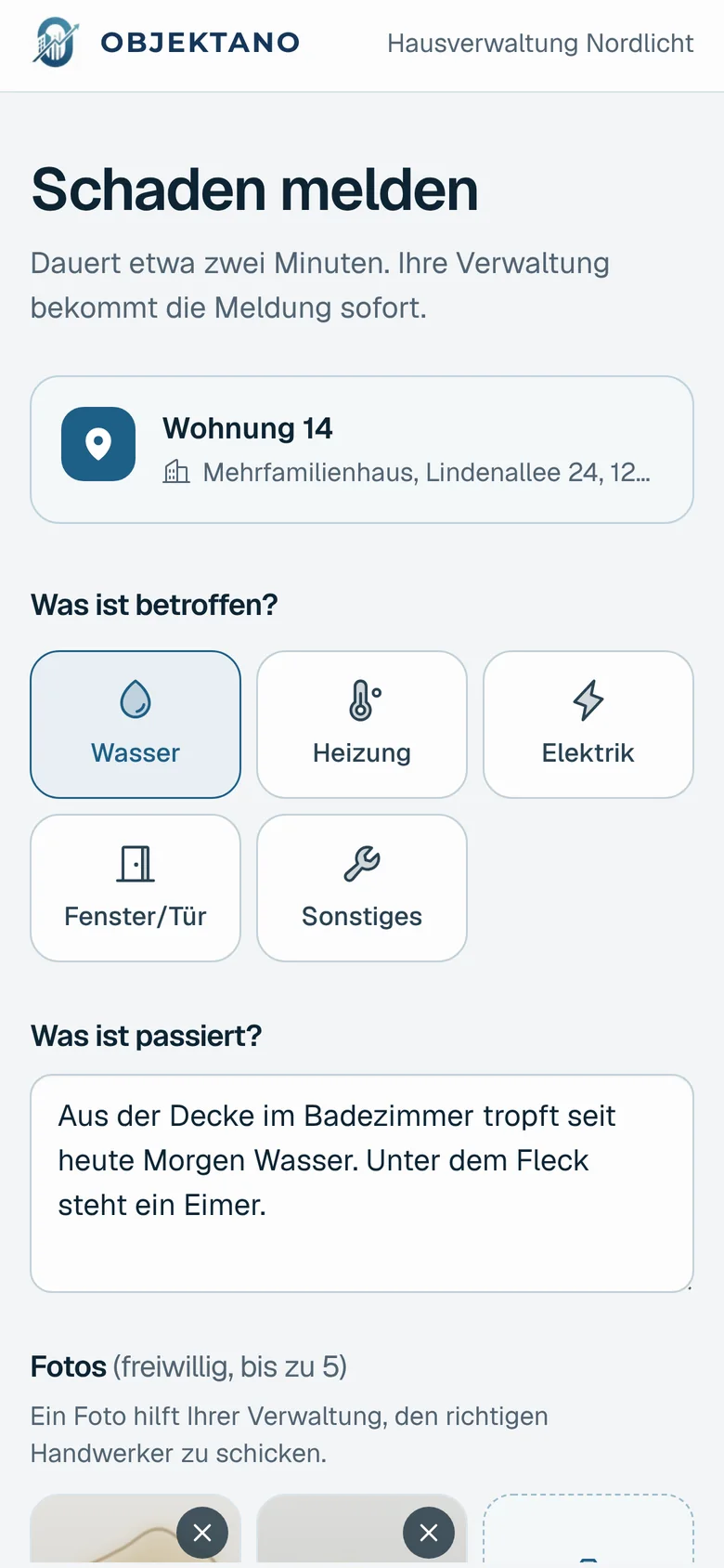Meldeformular auf dem Handy: Wohnung 14 ist eingetragen, Schadensart Wasser gewählt, Beschreibung ausgefüllt