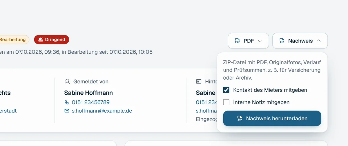 Menü Nachweis herunterladen mit Auswahl, ob Kontakt des Mieters und interne Notiz enthalten sein sollen