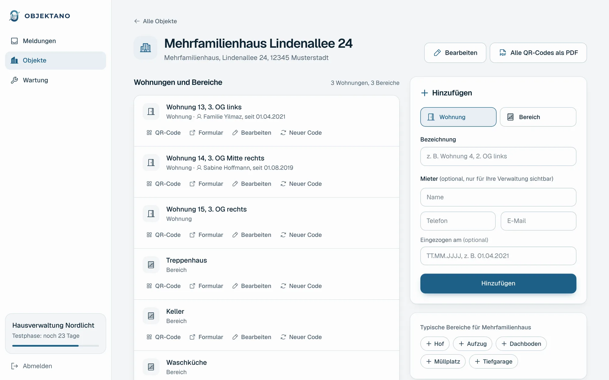 Objekt Lindenallee 24 mit drei Wohnungen und drei Bereichen, rechts das Formular zum Hinzufügen